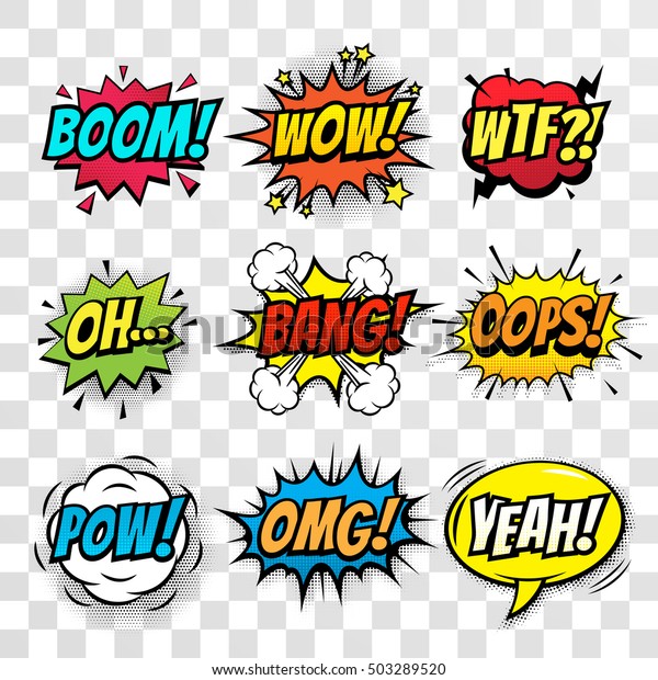 Vector comic speach bubble with prase Boom,\
Wow, WTF, Oh, Bang, Oops, Pow, OMG, Yeah. Comic cartoon sound\
bubble speech set on transparent\
background.