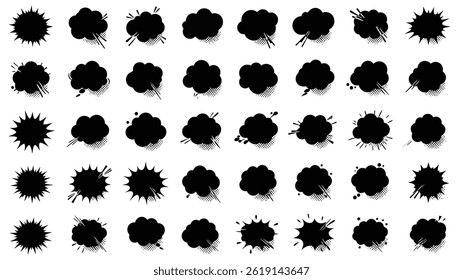 Vector comic speech bubbles set, black and white pop art design elements, explosion shape illustration

