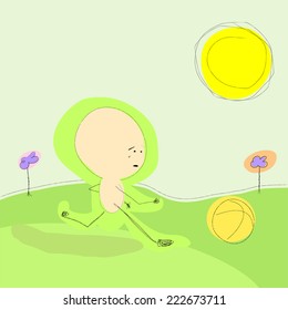 Vector comic style baby chase  the ball under the hot sun