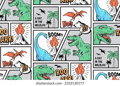 Vector comic style dinosaur seamless pattern. Pattern with Tyrannosaurus Rex, Stegosaurus, Brachiosaurus, Triceratops, and Pterodactyl cartoons.