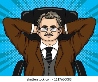 Vector comic style illustration of a boss sitting on chair in the office. Colorful portrait of a businessman in glasses relaxing 
