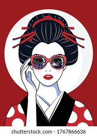 Vector comic style of portrait beautiful Japanese girl in kimono wear glasses that reflect the Tokyo culture symbols and landmarks. Vintage, illustration.