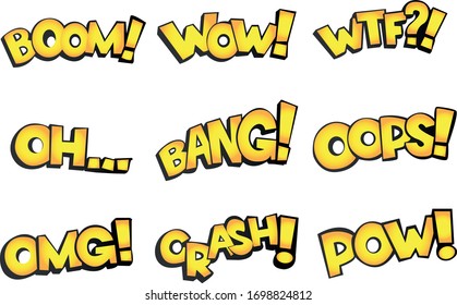 Vector comic text Boom, Wow, WTF, Oh, Bang, Oops, Pow, OMG, Crash. Comic cartoon sound bubble speech set on transparent background.