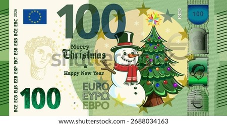 Vector comical festive of European banknote. Obverse of 100 euro note. Merry Christmas and Happy New Year. Cartoon smiling snowman in top hat and scarf. Holiday fir tree with balls. Europe money