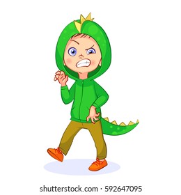 Vector comical illustration of a boy in a green dinosaur costume. Cutout child goes, growls and bares his teeth.