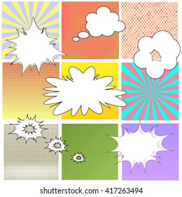 Vector Comics Book Background. Colorful Halftone Patterns. Set of Cartoon Speech Bubbles. Collection Dotted Background.