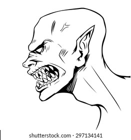 Vector comics illustration of vampire profile, black and white