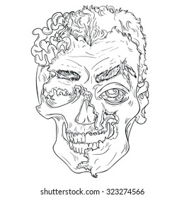 Vector comics illustration of zombie head. Zombie Head Black and White. Illustration of zombie for the tattoo and stickers, banners.