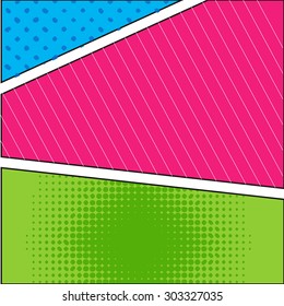 Modelo de layout em branco estilo pop art vetor comics com nuvens vigas e pontos isolados padrão no fundo. Para o seu próximo projeto.