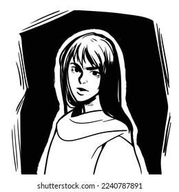 Vector comics portrait of girl with long hair. Graphic drawing of brunette