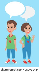 Vector comics style cartoon illustration. Two caucasian kids, boy and girl full length characters portrait, standing and smiling, wearing jeans and t-shirts, with speaking bubbles