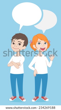 Vector comics style cartoon illustration. Two caucasian kids, boy and girl full length characters portrait, standing and smiling, wearing jeans and white t-shirts, with speaking bubbles