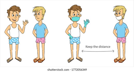 Vector comics, summer 2020. Two men talking on the beach keeping their distance so as not to get sick covid. Keep the distance and wear a mask