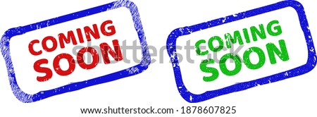 Vector COMING SOON framed watermarks with grunge surface. Rough bicolor rectangle watermarks. Red, blue, green colors used.