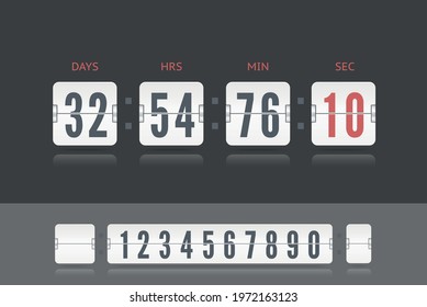 Vector coming soon web page design template with flip time counter. Vector illustration template. White scoreboard number floating font isolated on black