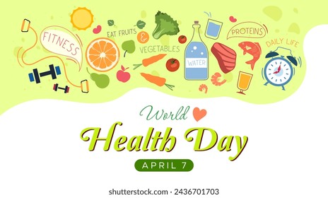 Vector commemorates world health day. Celebrating Health Day, April 7th. Body health awareness. The importance of maintaining health. Design concept about healthy living
