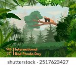 vector commemorating international red panda day September 21. with a picture of a red panda walking on the log of tree with a forest background