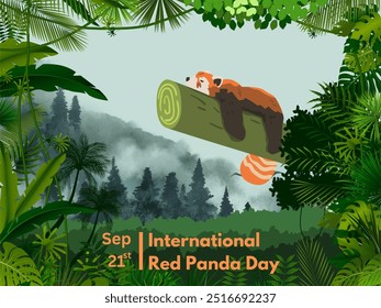 Vector conmemorativo del Día Internacional del Panda Rojo 21 de septiembre con una foto de un panda rojo 
Dormía en los árboles con un bosque y la montaña como fondo