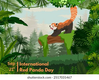 Vector conmemorativo del Día Internacional del Panda Rojo el 21 de septiembre con una foto de un panda rojo que se despertaba y bostezaba con un fondo forestal