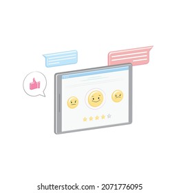 Vector comments, opinions, reviews, likes, ratings with 3D smilies in voluminous smartphone, tablet. Feedback on website, application. Rating in voting. Quality assessment.
