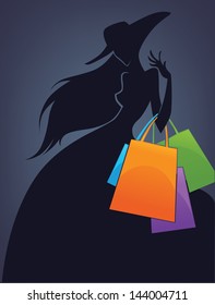 vector commercial background with girl silhouette and shopping bags