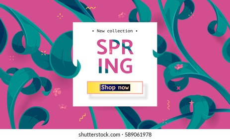 Vector commercial banner. New collection offer, button "Shop now". Spring holiday offer with text and tropical leaves in a collage style. Festive frame, decoration made of abstract floral elements