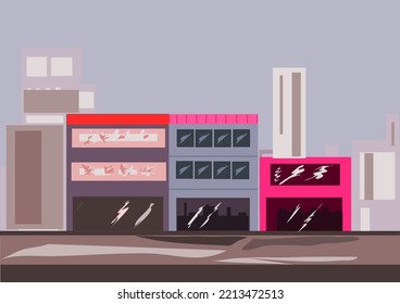 vector commercial building Square shape, multicolored, behind is a tall building in the distance.