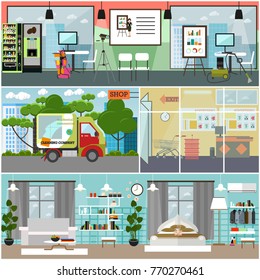 Vector commercial cleaning interior poster, banner set. Flat style design elements for cleaning company business advertising.