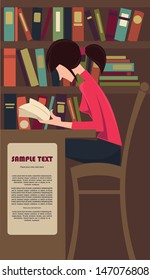 vector commercial illustration with image of girl studying in library