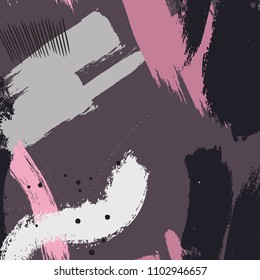 Vector commercial paint. Freehand acrylic grunge strokes in violet pink grey colors. Creative shapes. Ink splashes.