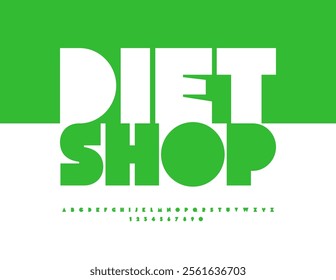 Vector commercial signboard Diet Shop. Green Big Font. Abstract style Alphabet Letters and Numbers set