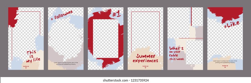 Vector commercial stories template. Set photo frame. Mockup for photo isolated on transparent background. Streaming. Love. Like. Follow me.