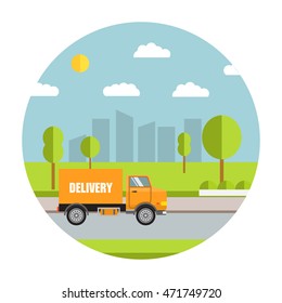 Vector the commercial truck on delivery. For firms on delivery of various goods, booklets, leaflets, a banner on the website. City service of delivery. Flat