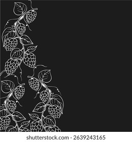 Vector common hop frame, logo, template on black background. Graphic ink, eco, organic Humulus lupulus branch with leaves and cones illustration isolated on background. Hand drawn line sketch. For