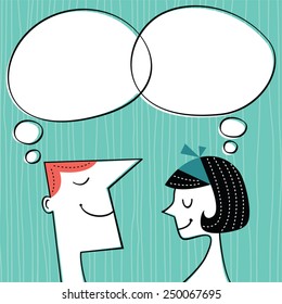 Vector communication concept in retro style. Vector communication concept - man and woman profiles with speech bubbles in retro style.
