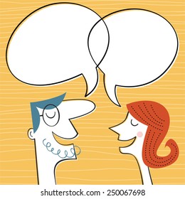 Vector communication concept in retro style. Vector communication concept - man and woman profiles with speech bubbles in retro style.