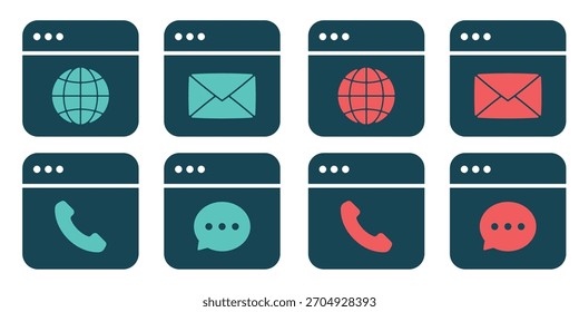 Vector Communication and Contact Icons Set. Flat Design Web Browser Window Symbols for Internet, Email, Call, and Chat Interface.