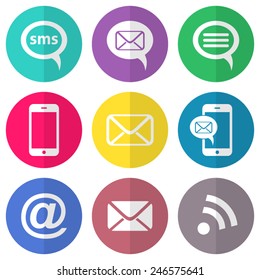Vector communication flat icons on round colorful buttons