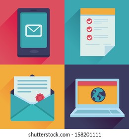 Vector communication icons in flat retro style - mail, message, contract, website addres