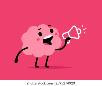 Vector communication illustration of cute happy brain with loudspeaker on pink color background. Flat doodle style cartoon design of smile lead brain character speak or scream into megaphone for card