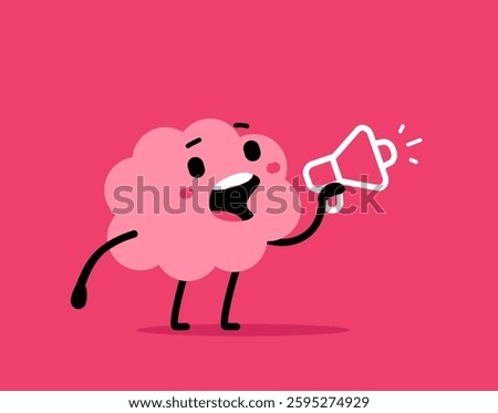 Vector communication illustration of cute happy brain with loudspeaker on pink color background. Flat doodle style cartoon design of smile lead brain character speak or scream into megaphone for card