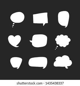 Vector communication speech bubbles set, hand drawn dialog clouds isolated on black background.
