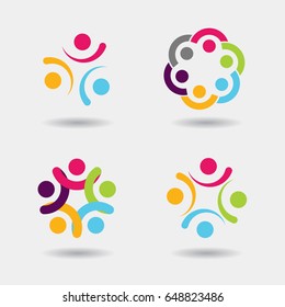 Vector community logo icons of people in circle - sign of unity, teamwork. Illustration of society, partnership & team, children playing, engagement & interaction, kids fun, employees & staff, games
