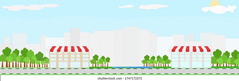 Vector - Centro comercial comunitario en el parque y estanque con fondo azul cielo. Bonita disposición. Copiar espacio para cualquier diseño de texto.