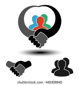 Vector community symbol with handshake symbol.  Simple silhouettes of men with handshake gesture. Profile circular labels. Sign of members or users. The label for the best partnership.

