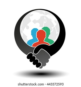 Vector community symbol with handshake symbol. Simple silhouettes of men with handshake gesture and globe from puzzle.