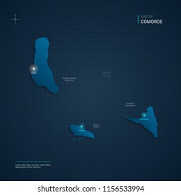 Vector Comoros map illustration with blue neon lightpoints - triangle on dark blue gradient background. Administrative divisions, cities, borders, capital. Neon tech background with glow. 