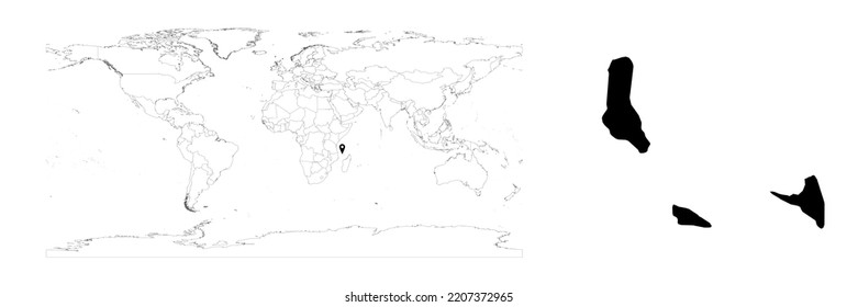 Vector Comoros map showing country location on world map and solid map for Comoros on white background. File is suitable for digital editing and prints of all sizes.