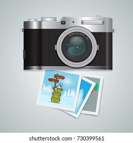 Vector compact photo camera with winter leisure snapshots top view for advertisement layout. Illustrated vector.