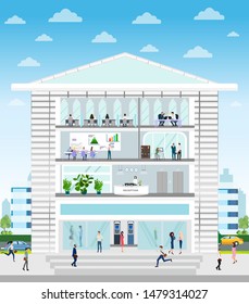 Vector of a company building with reception, office, conference room interiors and employees working inside on a cityscape background